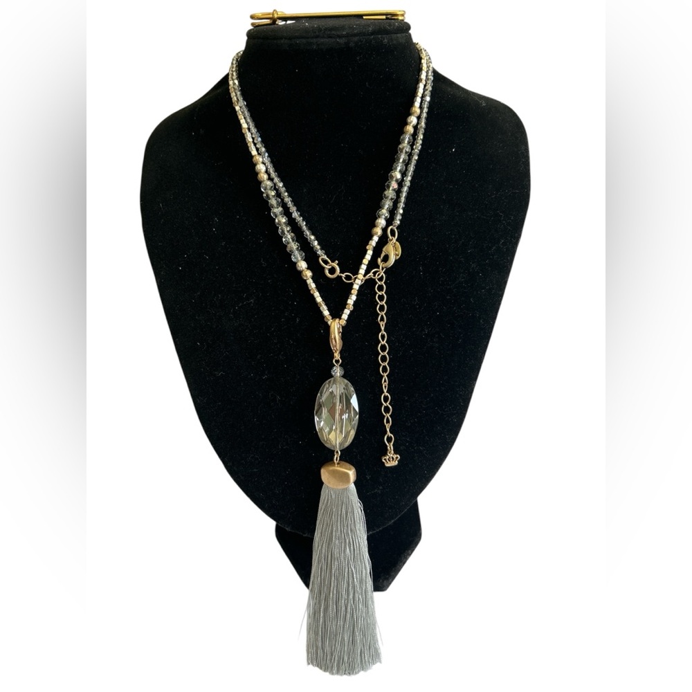 Chico's Gold Tone and Multi Bead Gray Crystal Tassel Convertable  Necklace